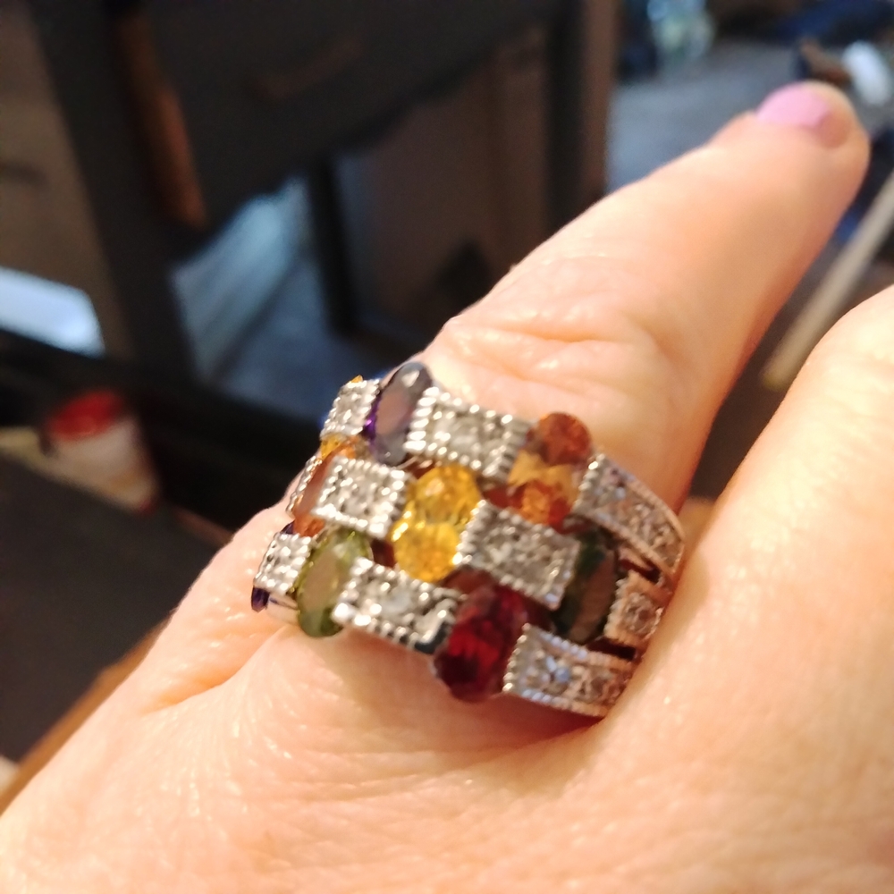 pave diamond ring silver with colored gemstones purple yellow